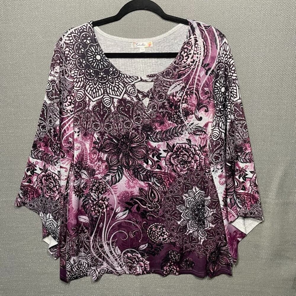 Soleillee Light Tunic Sweater V Neck Slinky Paisley Sparkle Boho Dark Floral 1X